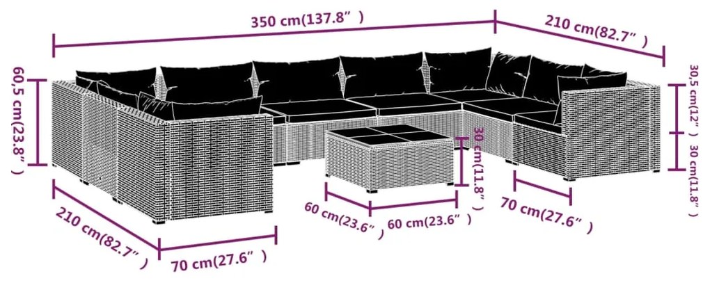 Set Divani da Giardino 10 pz con Cuscini in Polyrattan Grigio