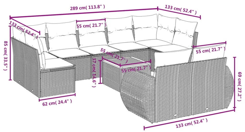 Set Divano da Giardino 10 pz con Cuscini Grigio in Polyrattan