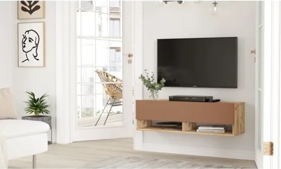 Mobile Tv Sospeso 100x32x30 2 Vani Effetto Legno Rovere E Rosso Frame
