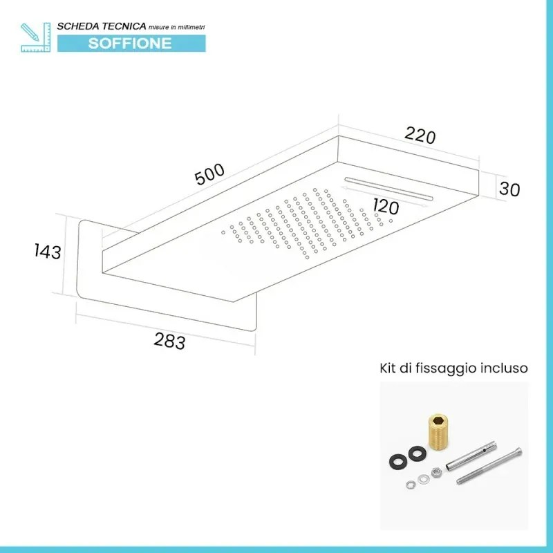 Set doccia da incasso con soffione 22x50 cm a sbalzo con cascata Lotus