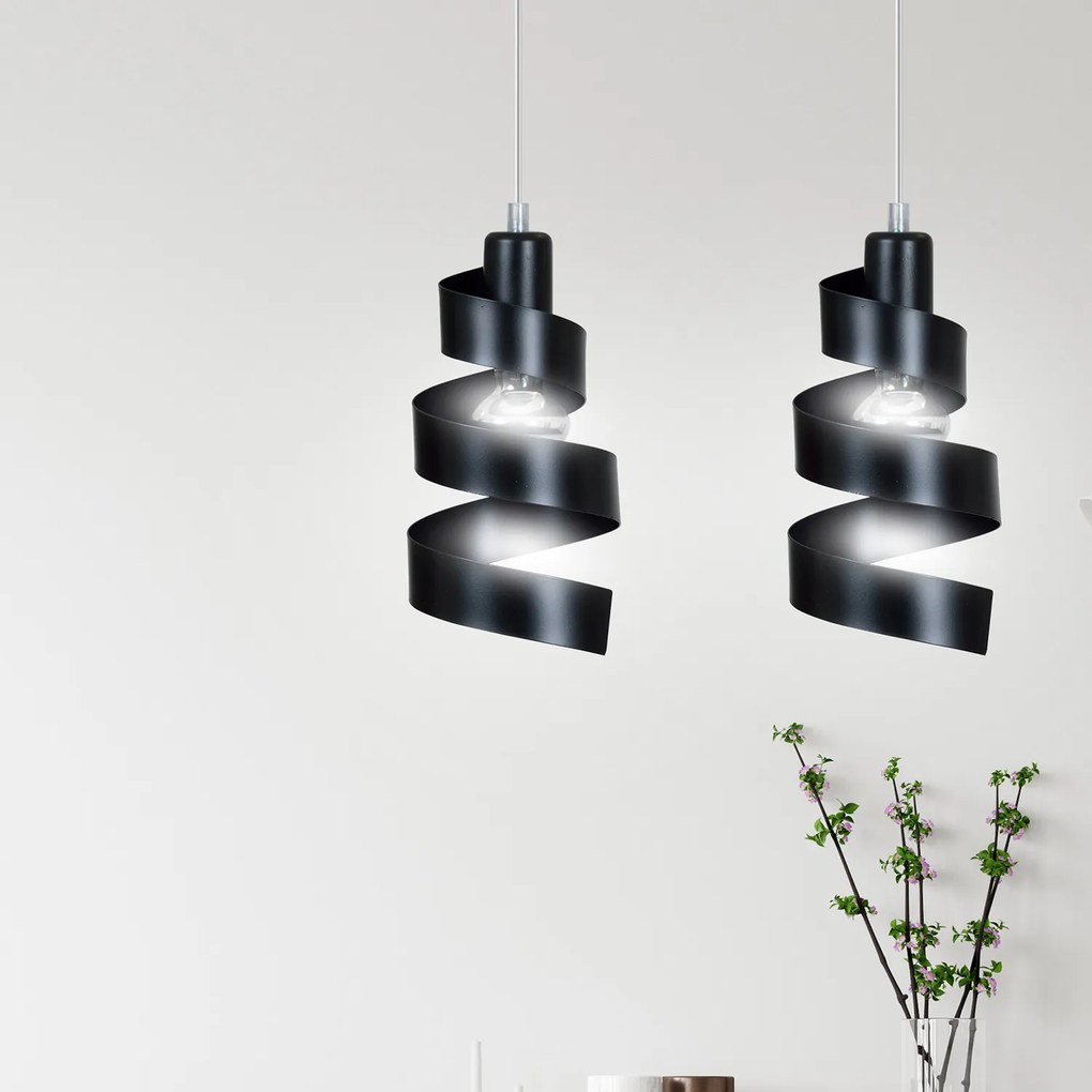 Lampadario Moderno 2 Luci Tristano In Acciaio Nero Con Fasce A Spirale