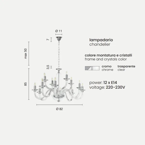 Lampada a sospensione RAVEL 12 luci in vetro lavorato a mano D82 cm CROMO