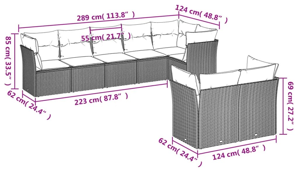 Set divano da giardino 8 pz con cuscini beige in polyrattan