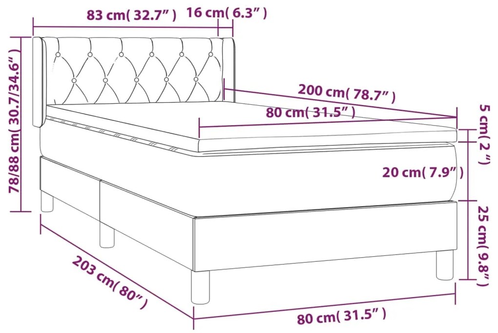 Giroletto a Molle con Materasso Grigio Scuro 80x200 cm Velluto