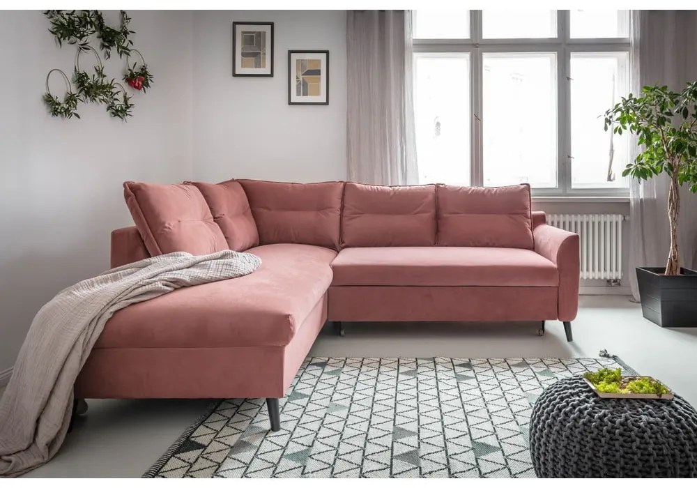 Divano letto angolare in velluto rosa L, angolo sinistro Stylish Stan - Miuform