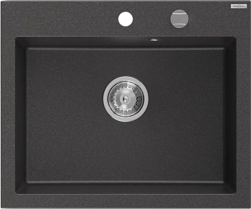 Mexen Elix lavello in granito a 1 vasca 600 x 500 mm, nero maculato, sifone cromato - 6525601005-76