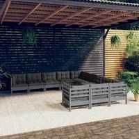 Set Divani da Giardino 11 pz con Cuscini Grigi Massello di Pino 3097021