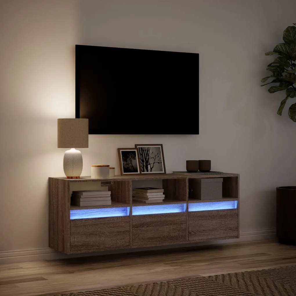 Mobile tv a parete con luci led rovere marrone 130x31x45 cm