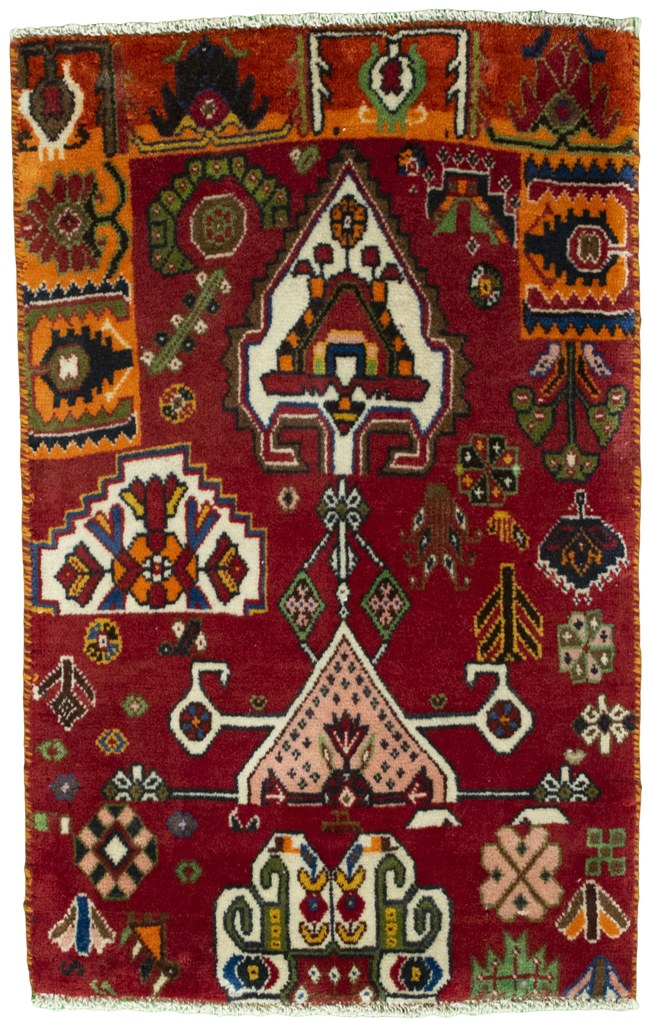 Shiraz Tappeto 80 x 50 Rosso (Iran) Annodato A Mano