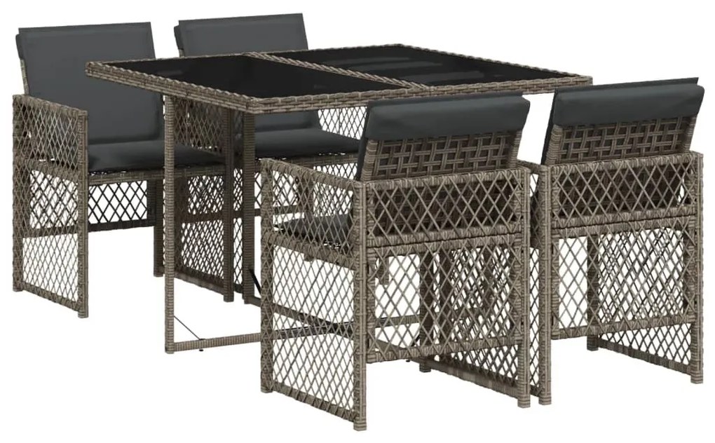 Set da pranzo da giardino 5 pz con cuscini in polyrattan grigio