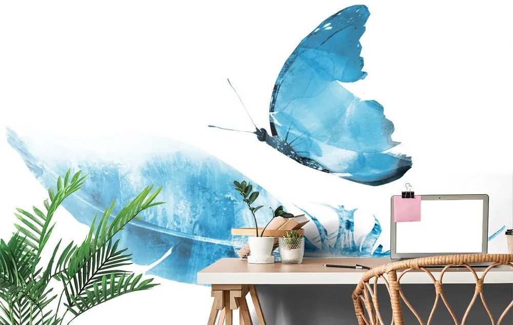 Carta da parati – Piuma con farfalla in stile blu