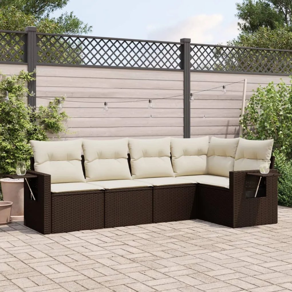 Set Divano da Giardino 5 pz con Cuscini Marrone in Polyrattan