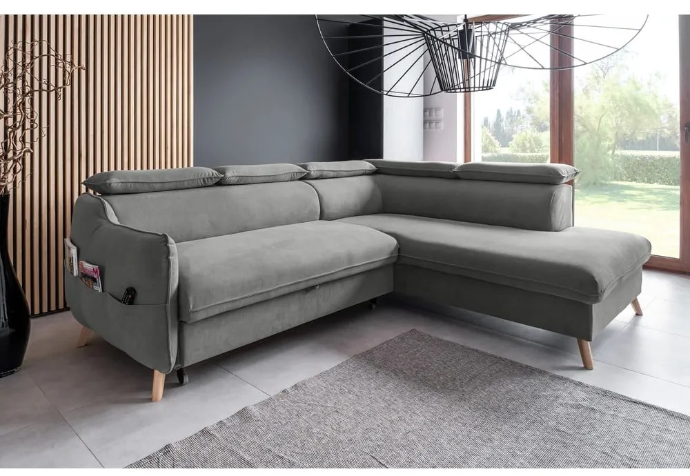 Divano letto angolare in velluto grigio chiaro (angolo destro) Sweet Harmony - Miuform