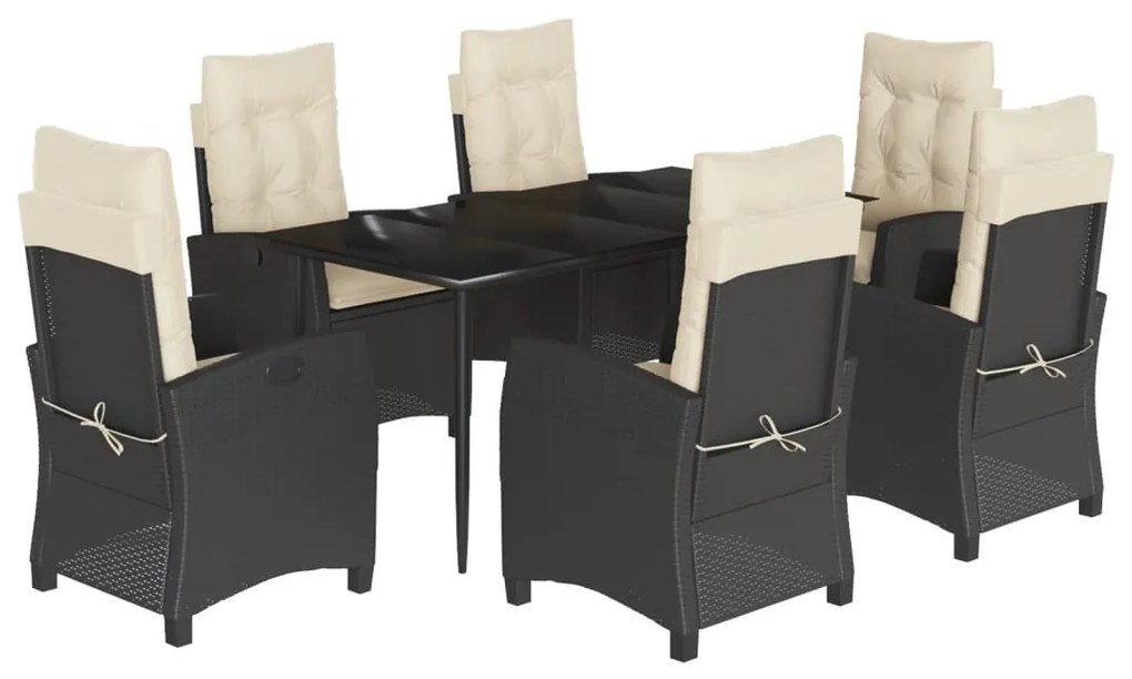 Set da pranzo da giardino 7 pz nero con cuscini in polyrattan