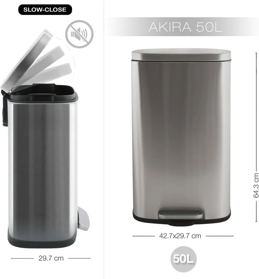 Cestino per la spazzatura color argento opaco in acciaio con pedale 50 l Akira – Spirella