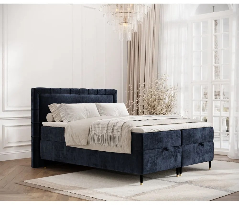 Letto boxspring blu scuro con spazio contenitivo 200x200 cm Voyage - Maison de Rêve