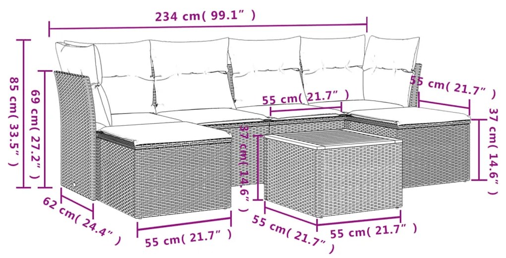 Set divani da giardino con cuscini 7pz nero polyrattan