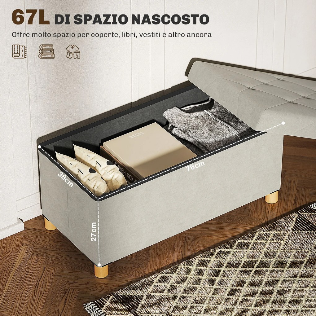 Panca Contenitore Pieghevole 67L 76x38x38cm Rivestimento Effetto Velluto Bianco Crema...