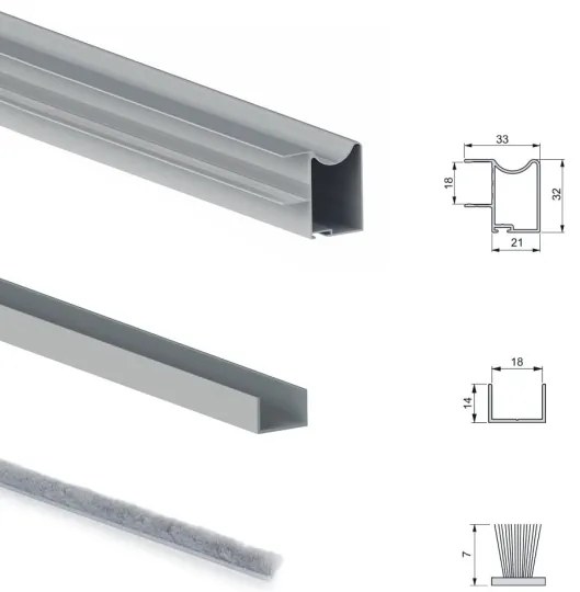 Sistema a scorrimento inferiore per armadio 2 ante di spessore 18 mm, con chiusura soft e profili in alluminio (pannelli non inc