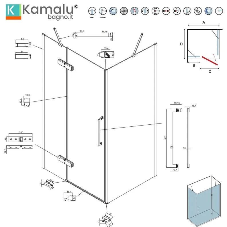 Kamalu - Box doccia 80x70 telaio nero porta battente 70cm laterale fisso 80cm | KT5000N