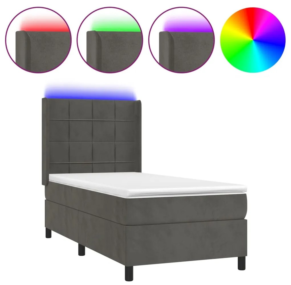 Letto a molle con materasso e led grigio scuro 80x200cm velluto