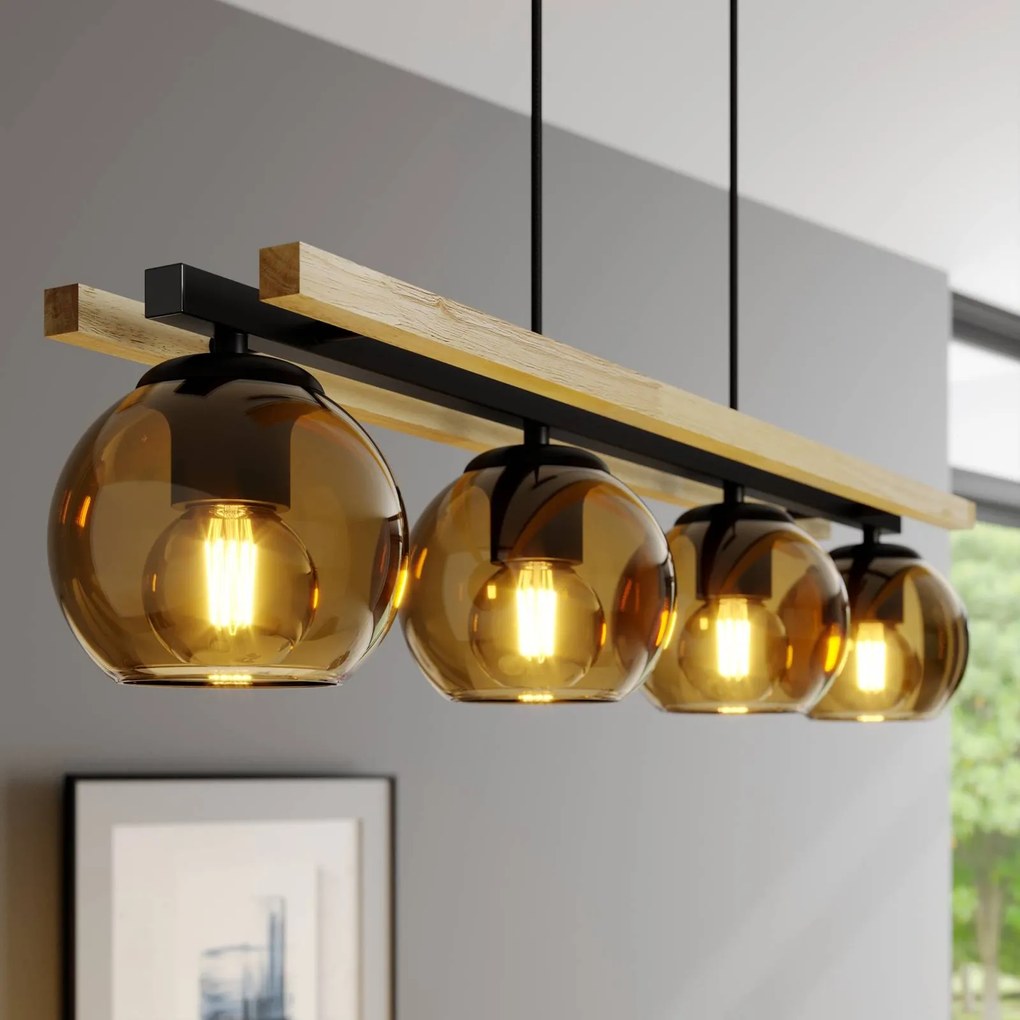 Lampada a sospensione Lindby Enrique, ambra, a 4 luci, vetro, legno, E27