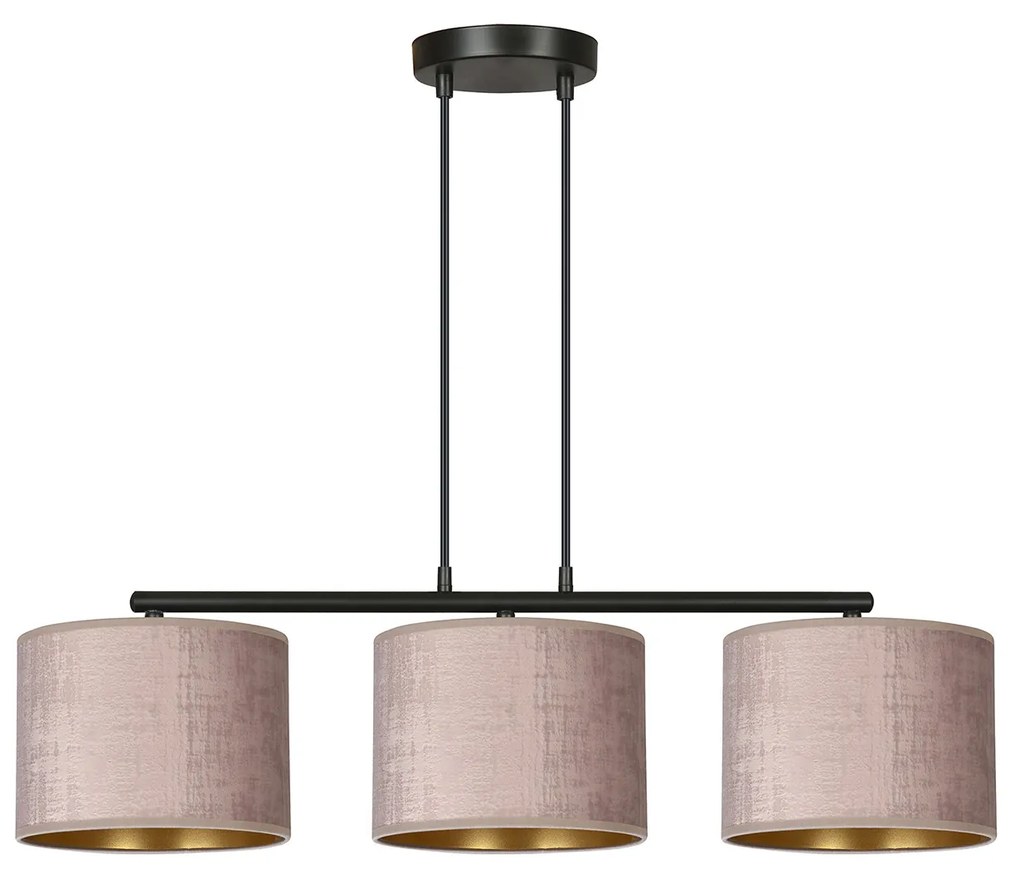 Lampadario 3 Luci Ganesha In Acciaio Nero E Paralumi In Tessuto Rosa