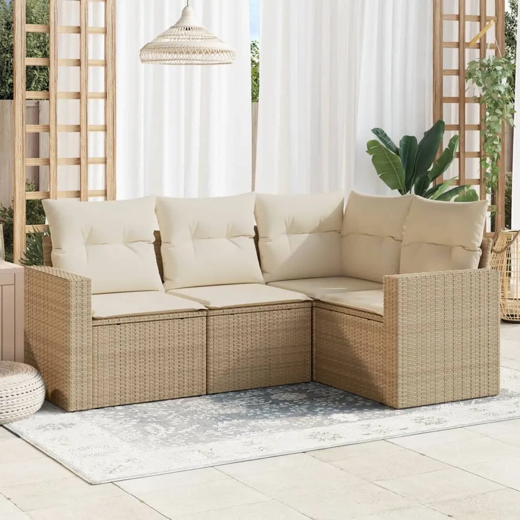 Set divano da giardino 4 pz con cuscini beige in polyrattan