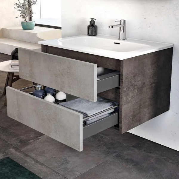 Mobile da bagno sospeso moderno salvaspazio con lavabo 62 cm a 2 cassettoni effetto cemento