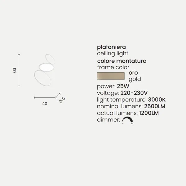 Plafoniera Led RICE in metallo e diffusore in acrilico Oro 63x40 cm