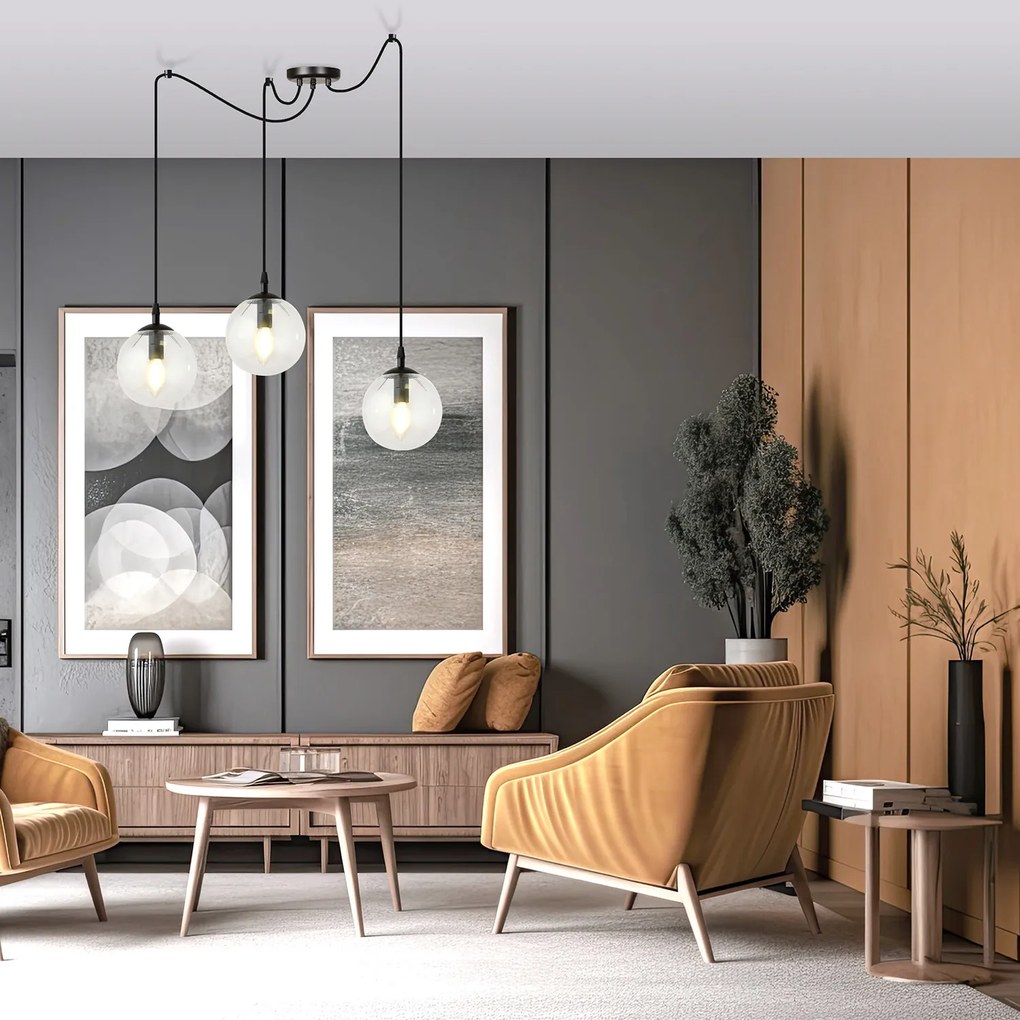 Lampadario 3 Luci Ginevra In Acciaio Nero Con Cavo Lungo E Vetri Trasparente