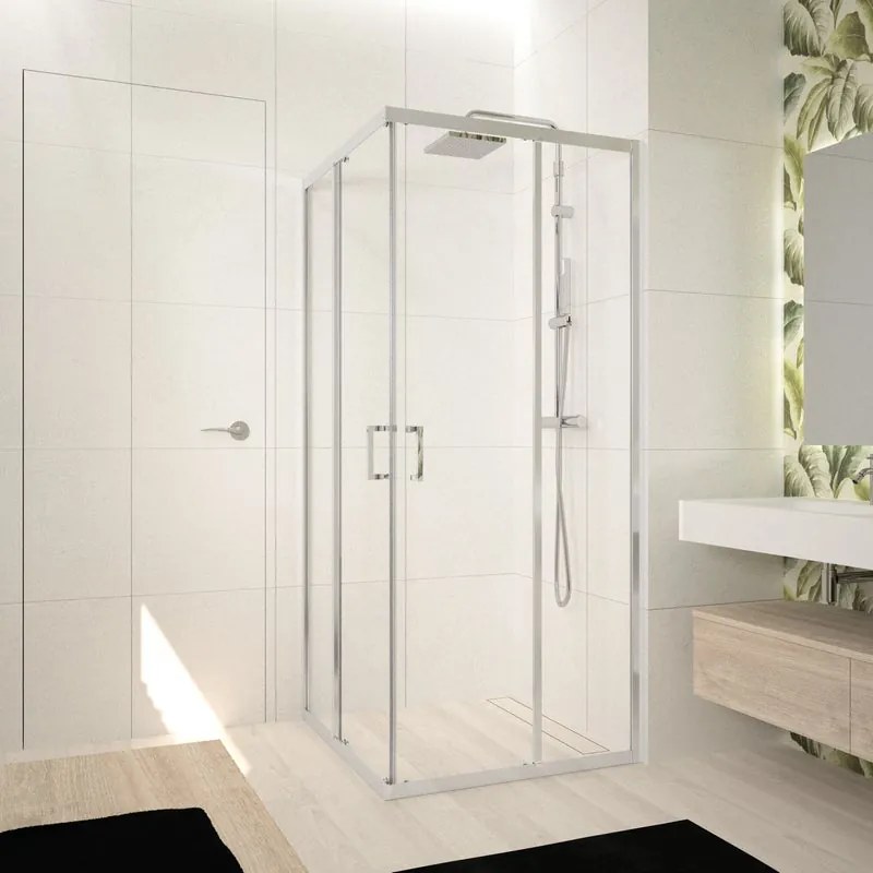 Box doccia con ingresso angolare scorrevole Ocean rettangolare L 90 x L 80 x H 195 cm, sp. 5 mm vetro senza finitura / trasparente argento