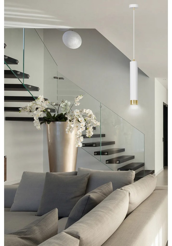 Sospensione 1 Luce Brunilde In Acciaio Bianco Con Tubolare In Bianco E Oro