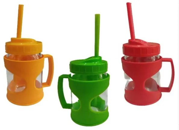 Trade Shop - Bicchiere In Vetro Con Cannuccia Per Party Con Coperchio E Manico Colorato 370cc