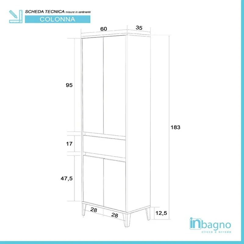 Colonna bagno da terra L. 60 cm Way bianco lucido 4 ante e 1 cassetto