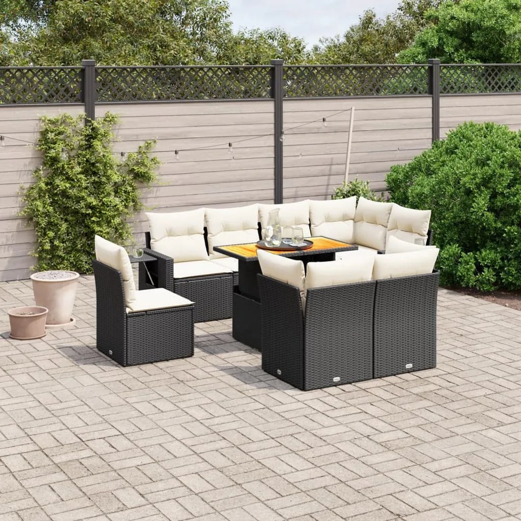 Set Divani da Giardino 9 pz con Cuscini Nero in Polyrattan