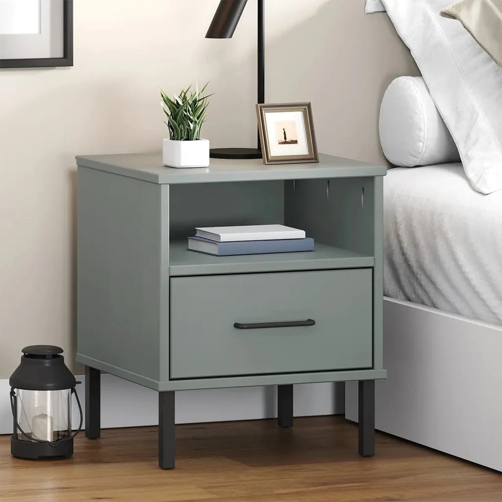 Comodino Con Gambe İn Metallo Grigio Legno Massello Pino Oslo /