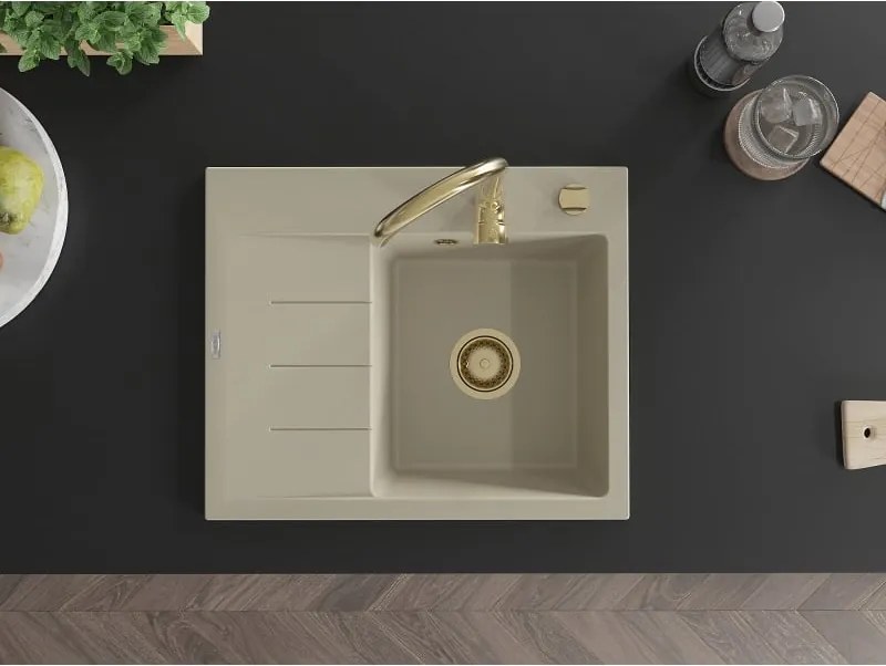 Mexen Ben lavello in granito 1-vasca con sgocciolatoio, destro 600 x 500 mm, beige, sifone dorato - 6523605000-69-G