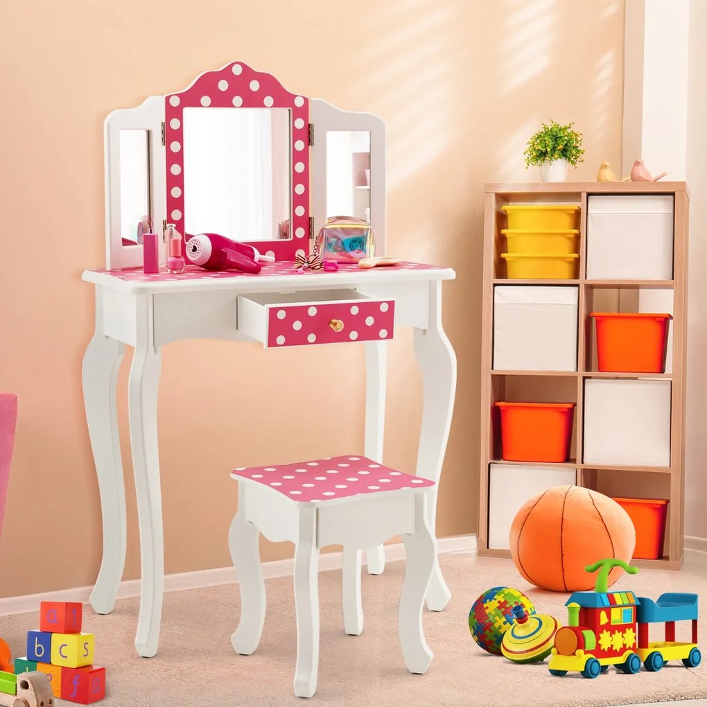 Costway Toeletta trucco per bambina con sgabello triplo specchio e cassetto, Tavolo per trucco con fantasia a pois Rosa