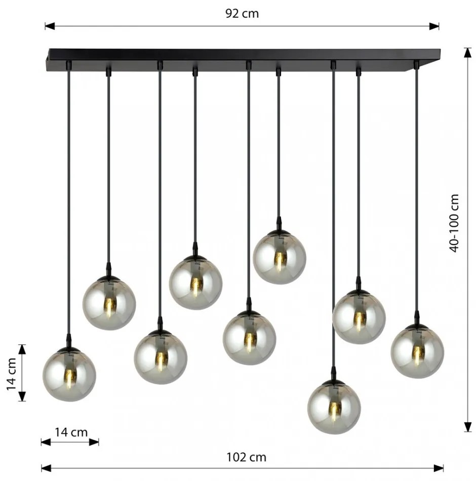 Lampadario a Sospensione in Acciaio e Vetro COSMO 9 Nero 9xE14 Colore delle Sfere Grafite