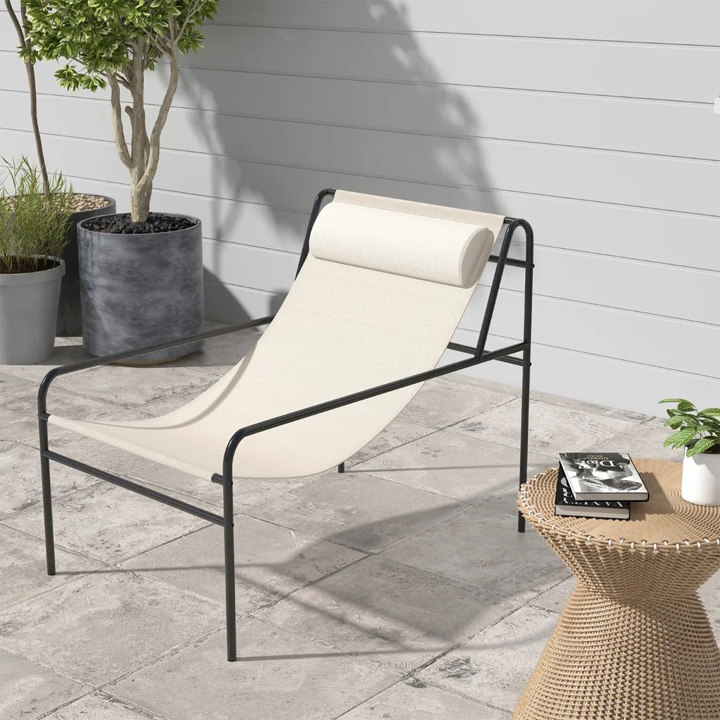 Costway Sedia a sdraio per giardino con cuscino poggiatesta rimovibile telaio metallico, Sedia relax portata 150kg Beige