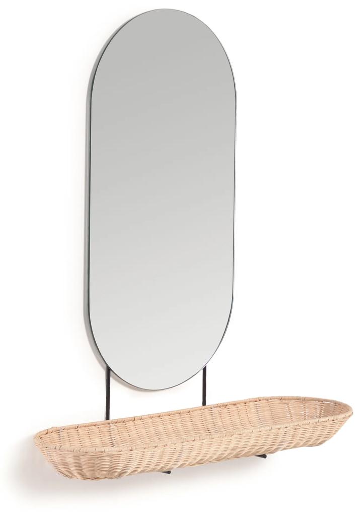 Kave Home - Specchio da parete Ebian grande con mensola in rattan finitura naturale 80 x 29 cm