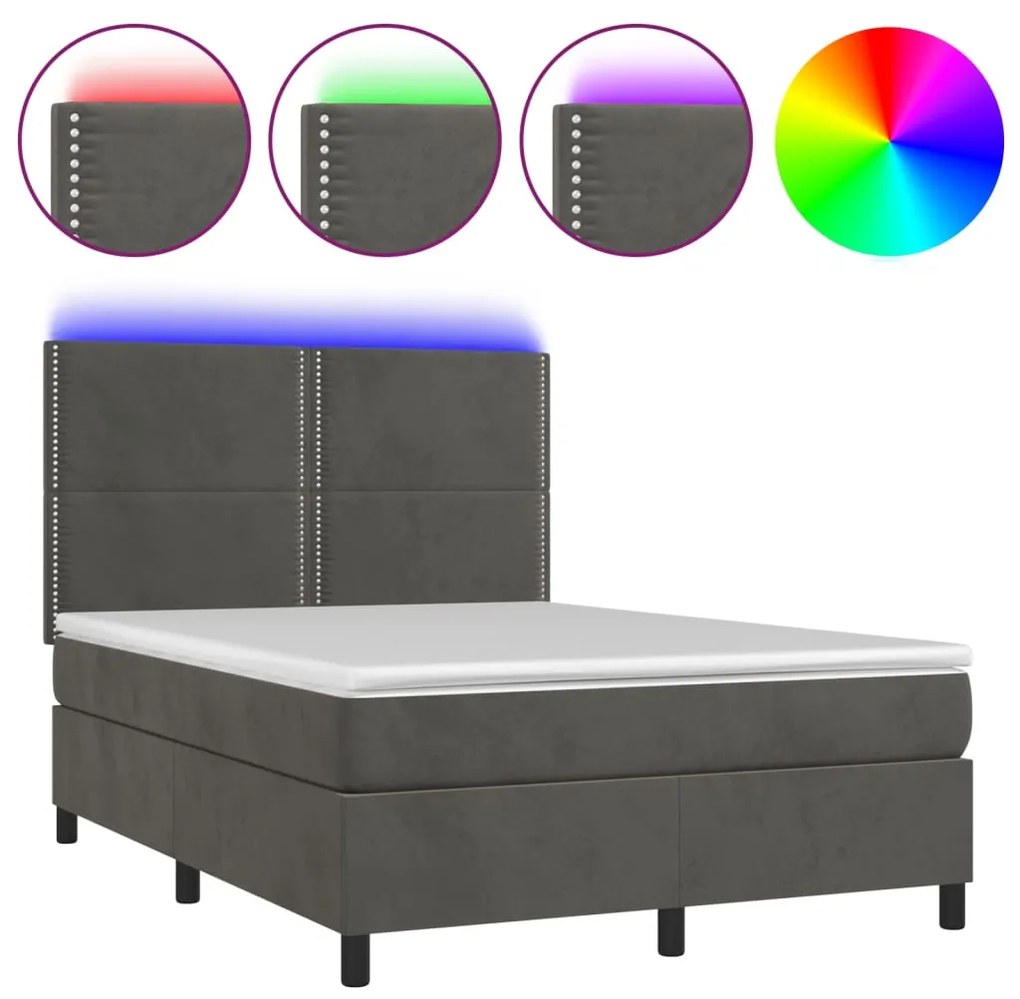 Letto a Molle con Materasso e LED Grigio Scuro 140x200 cm