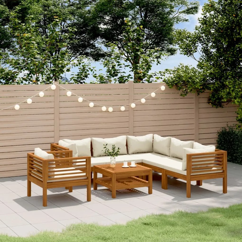 Set divani da giardino 7 pz con cuscini crema in legno acacia