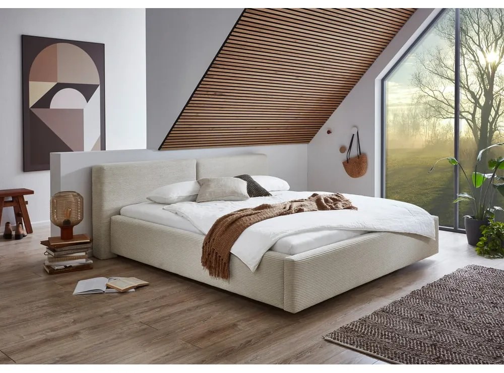 Letto matrimoniale imbottito beige con contenitore con rete inclusa 160x200 cm Cube – Meise Möbel