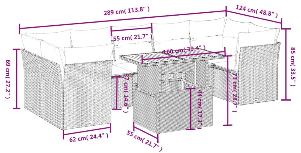 Set divani da giardino con cuscini 8 pz nero in polyrattan