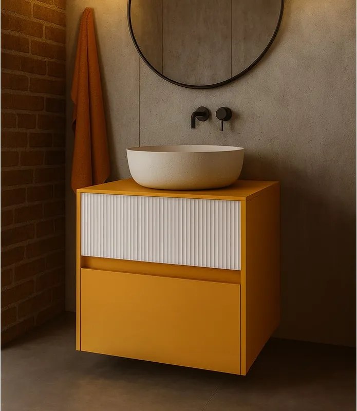 Mobile da bagno sospeso sotto lavabo Niwa 2 cassetti L 59.5 x H 50 x P 45.5 cm senape e bianco cannettato
