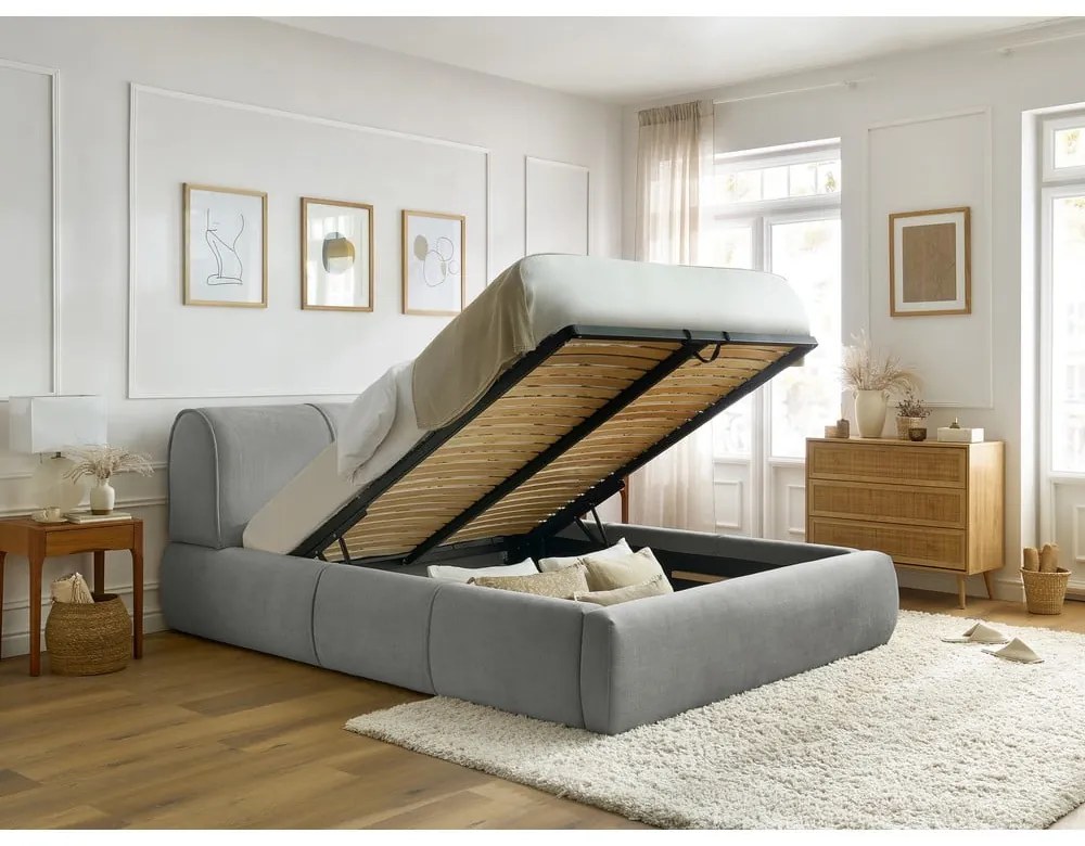 Letto matrimoniale imbottito grigio chiaro con vano contenitore con griglia 160x200 cm Vernon - Bobochic Paris