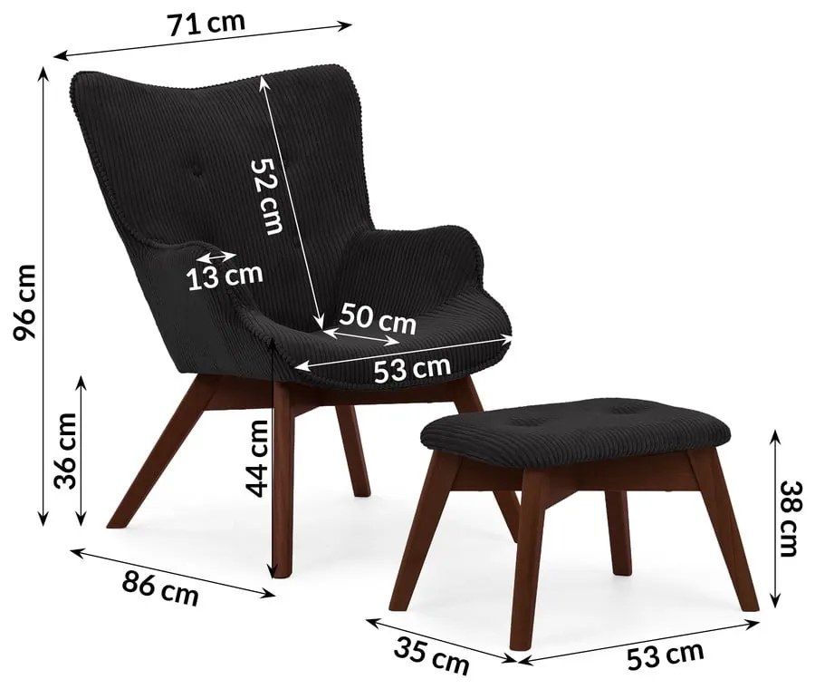 Poltrona con poggiapiedi nera con rivestimento in velluto a coste Niko – Ropez