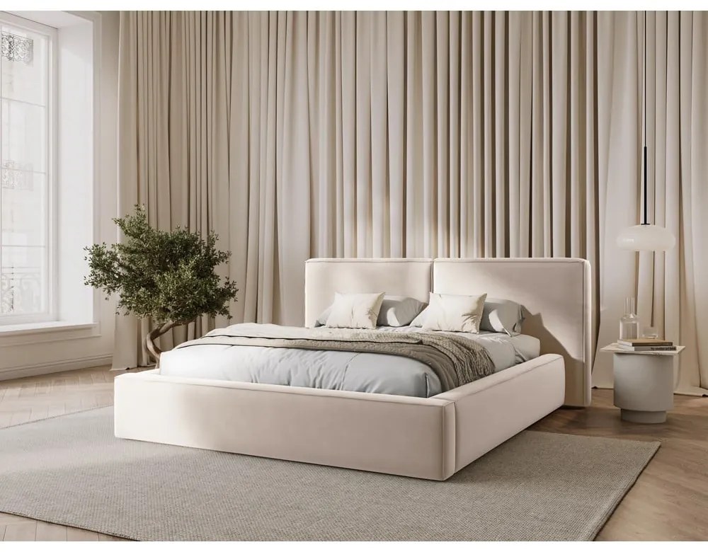 Letto matrimoniale imbottito color crema in velluto con contenitore con rete inclusa 200x200 cm Arendal – Cosmopolitan Design